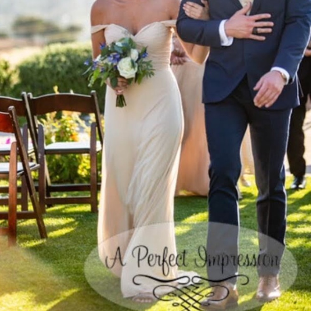 Mori Lee champagne bridesmaid dress